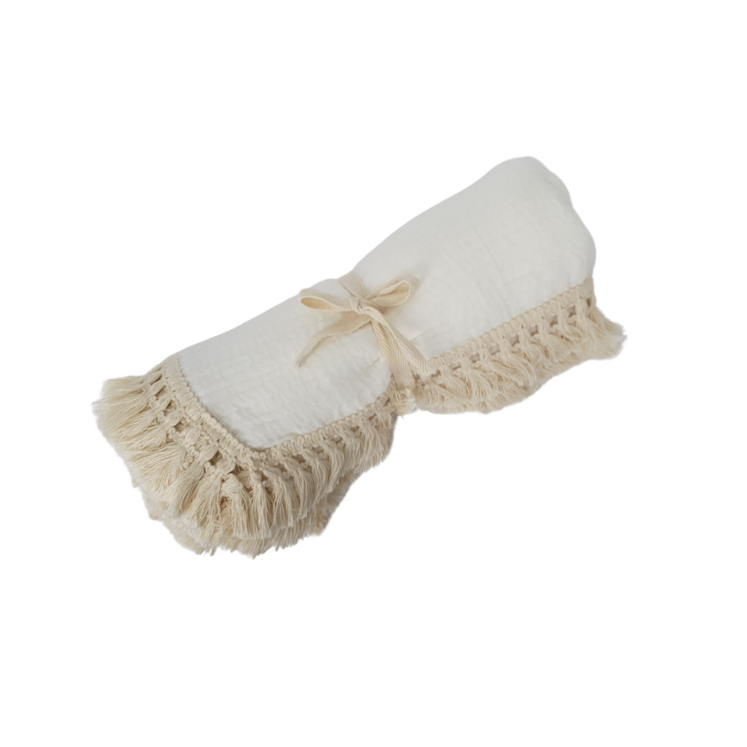 Organic Cotton Muslin Tassle Blanket | Milk