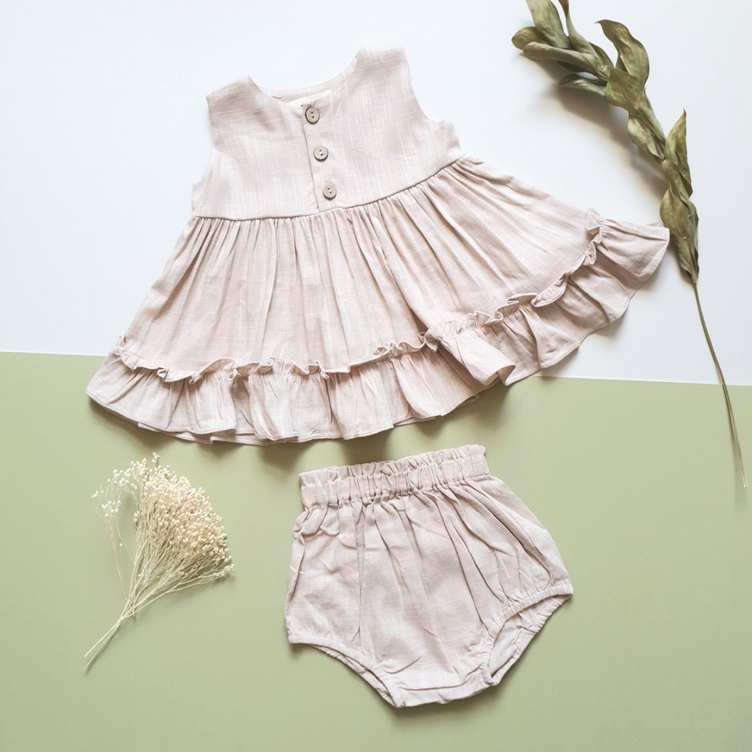 Girls Linen Dress Set | Nude