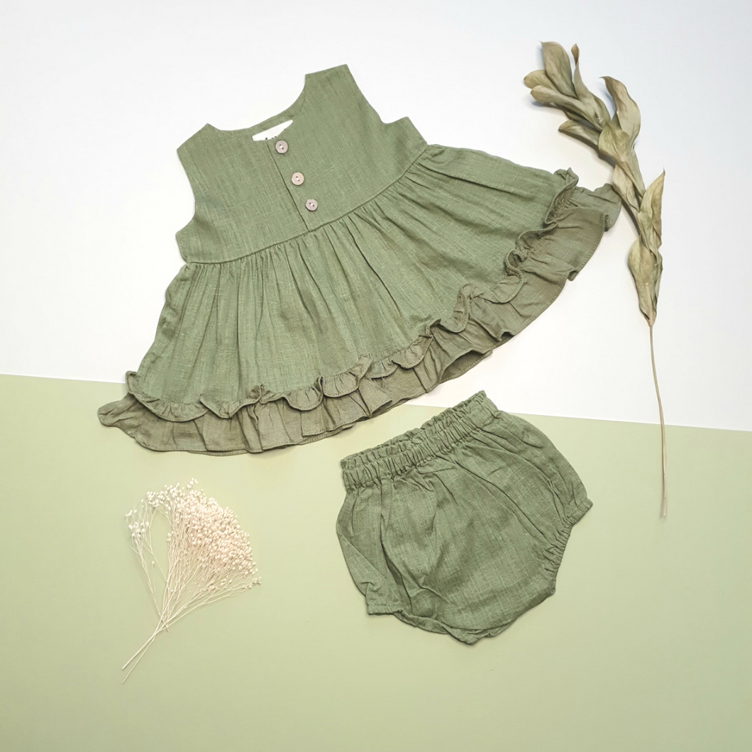 Girls Linen Dress Set | Khaki